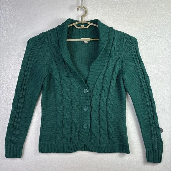St. Johns Bay Cable Knit Sweater Womens Sz L Green Button up Cardigan Preppy Mom - Picture 1 of 11